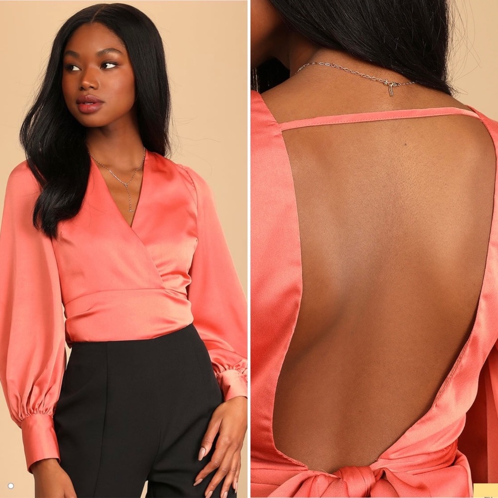 NWT Lulus Rusty Rose Satin Tie-Back Long Sleeve Top. - Picture 9 of 9